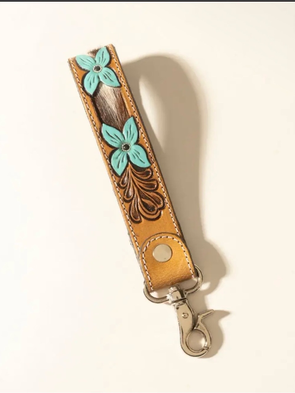 Myra Bag Turquoise and Tan Tooled Leather Wristlet Key Holder